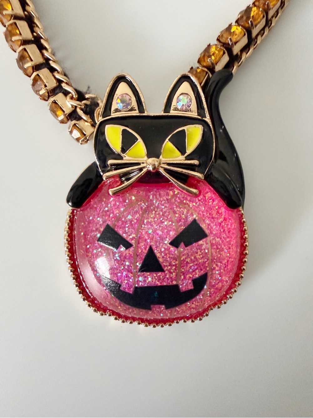 Betsey Johnson Cat Pink Pumpkin Gold Tone Halloween Statement Necklace